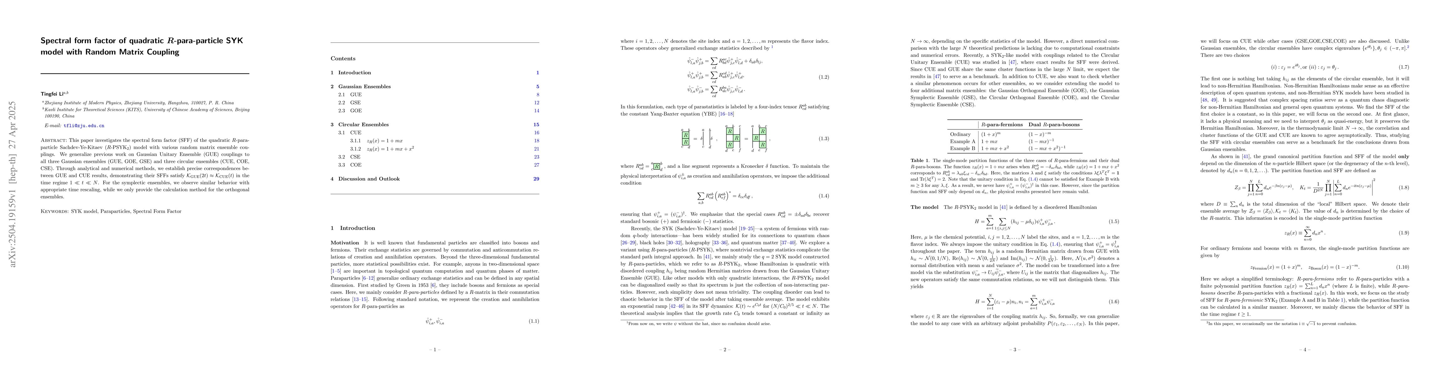 Thumbnail for Spectral form factor of quadratic $R$-para-particle SYK model with
  Random Matrix Coupling