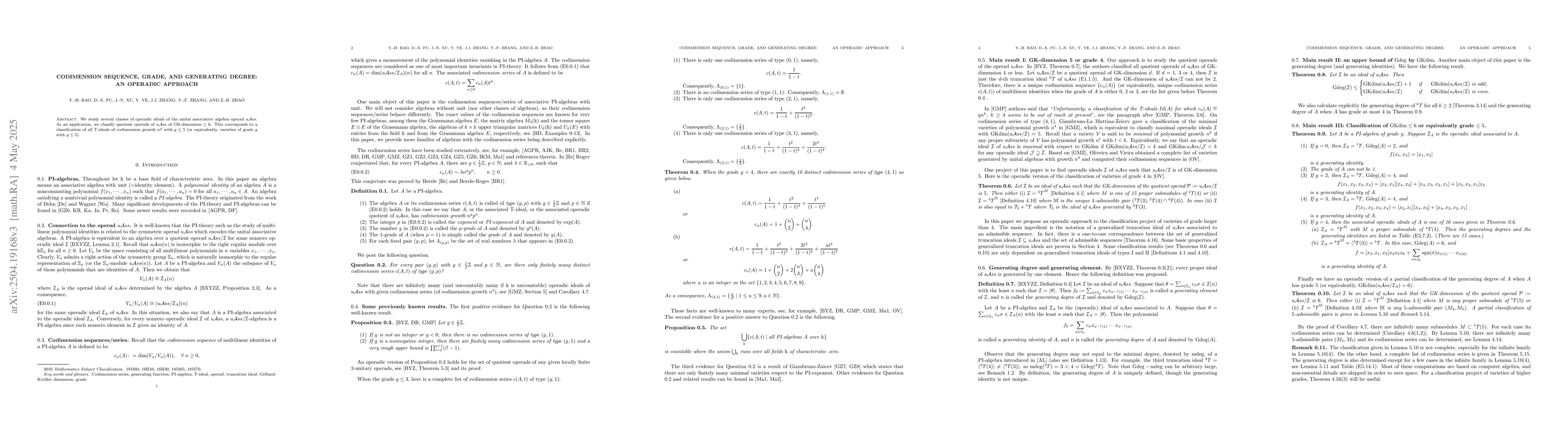 Thumbnail for Codimension sequence, grade, and generating degree: an operadic approach