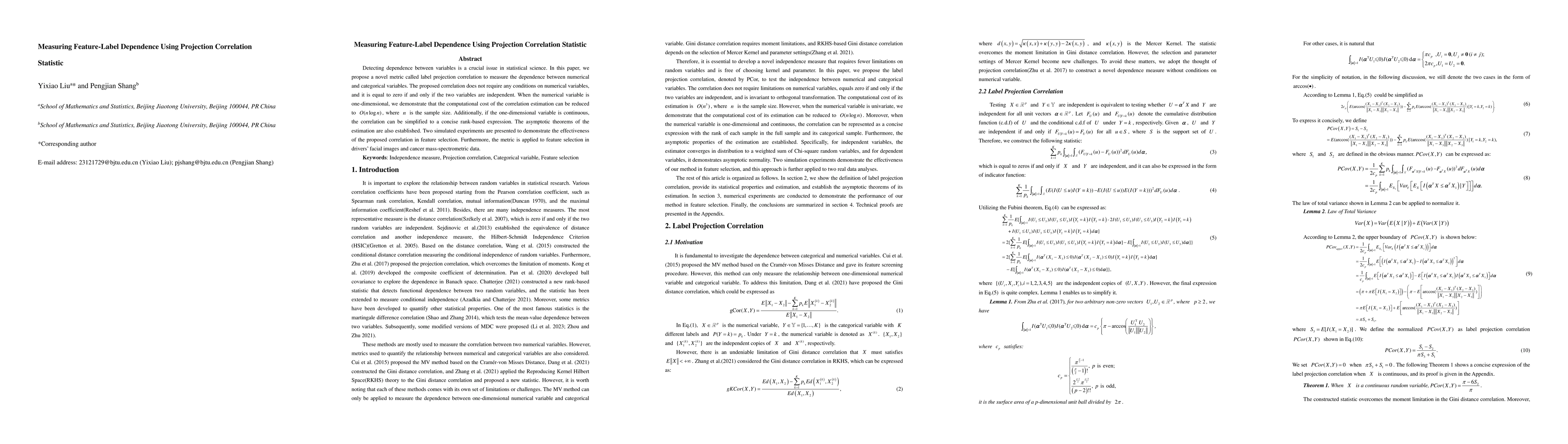 Thumbnail for Measuring Feature-Label Dependence Using Projection Correlation
  Statistic
