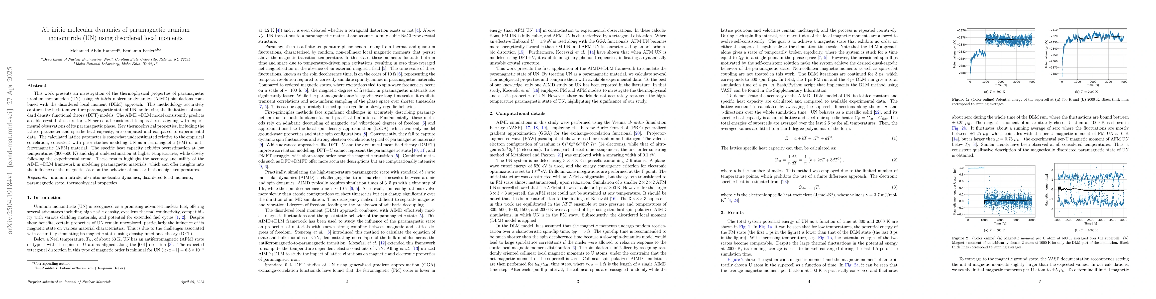 Thumbnail for Ab initio molecular dynamics of paramagnetic uranium mononitride (UN)
  using disordered local moments