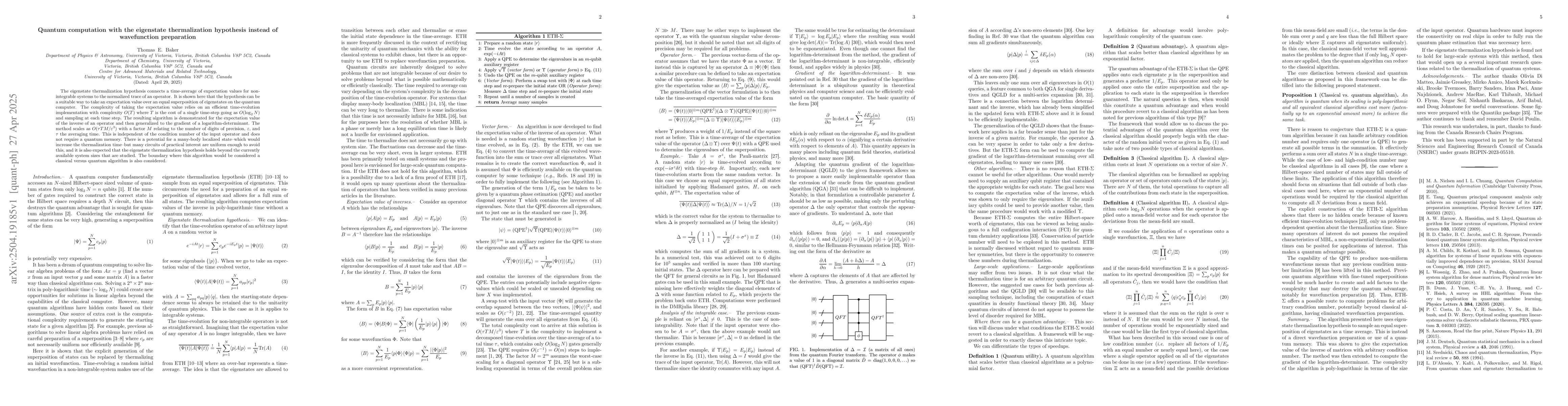Thumbnail for Quantum computation with the eigenstate thermalization hypothesis
  instead of wavefunction preparation