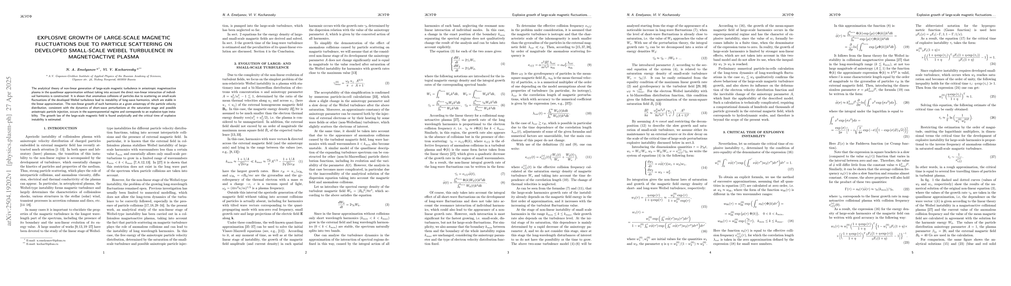 Thumbnail for Explosive growth of large-scale magnetic fluctuations due to particle
  scattering on developed small-scale Weibel turbulence in magnetoactive plasma