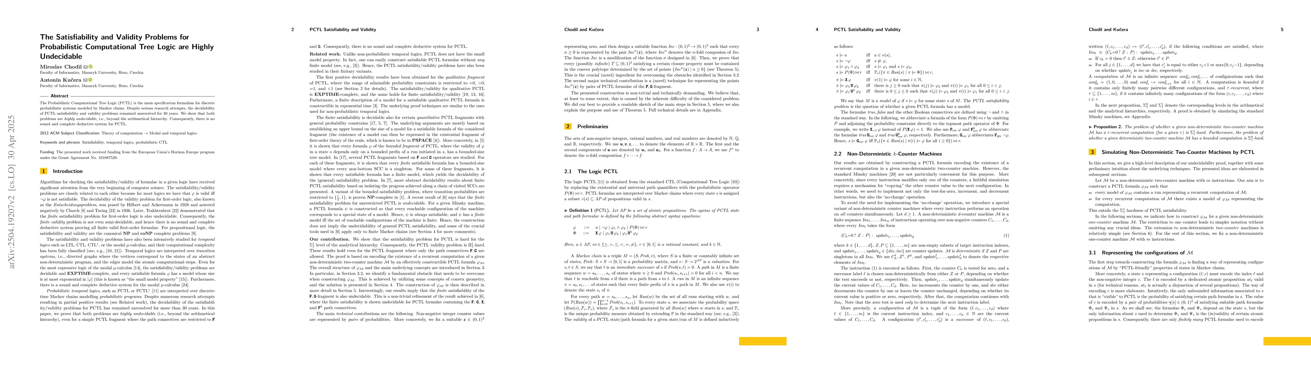 Thumbnail for The Satisfiability and Validity Problems for Probabilistic Computational
  Tree Logic are Highly Undecidable