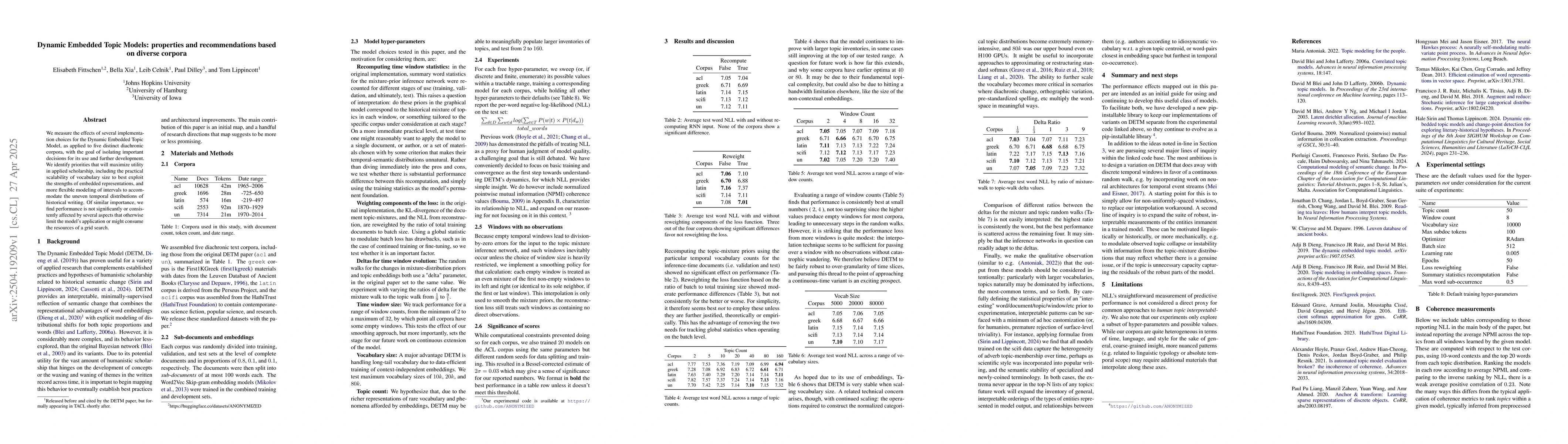 Thumbnail for Dynamic Embedded Topic Models: properties and recommendations based on
  diverse corpora