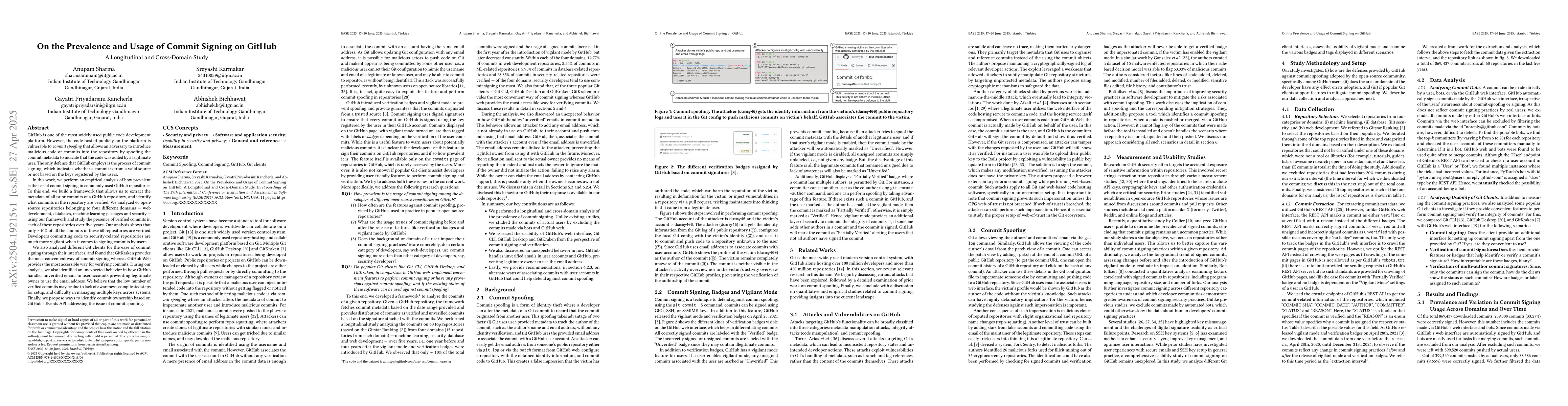 Thumbnail for On the Prevalence and Usage of Commit Signing on GitHub: A Longitudinal
  and Cross-Domain Study