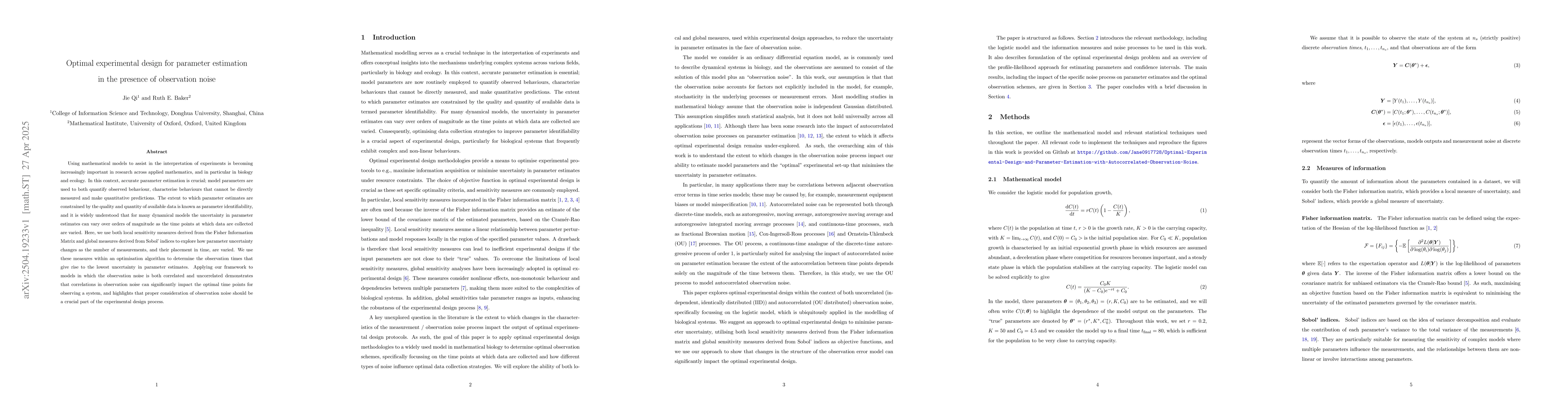 Thumbnail for Optimal experimental design for parameter estimation in the presence of
  observation noise