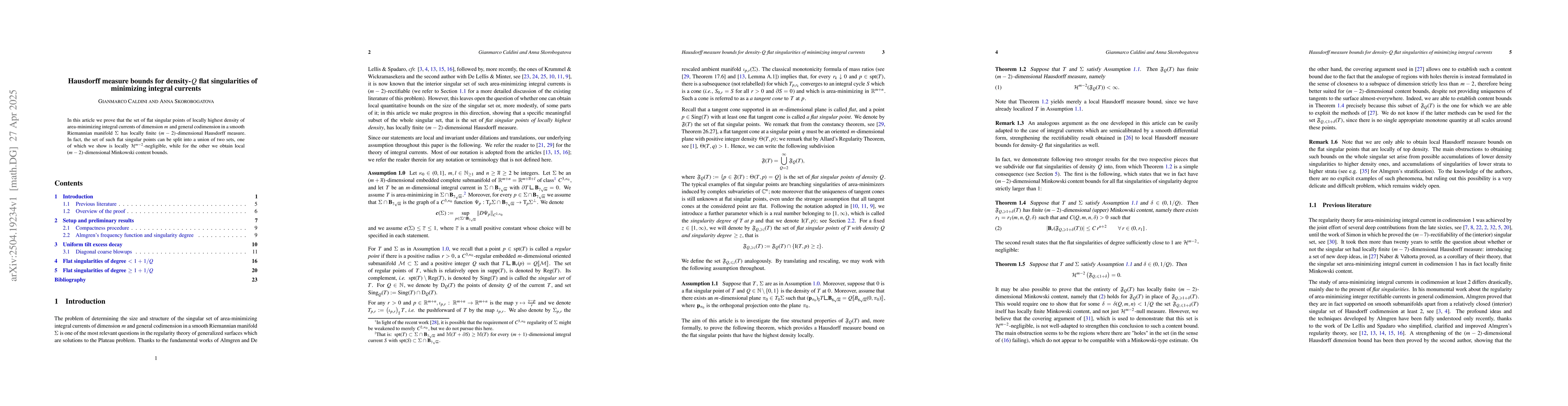 Thumbnail for Hausdorff measure bounds for density-$Q$ flat singularities of
  minimizing integral currents