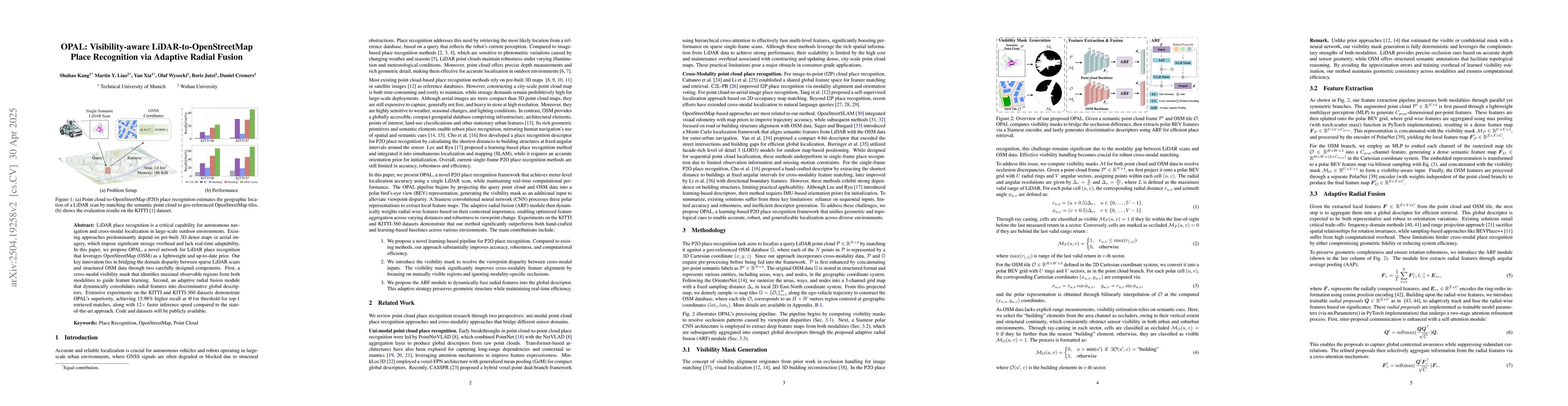 Thumbnail for OPAL: Visibility-aware LiDAR-to-OpenStreetMap Place Recognition via
  Adaptive Radial Fusion