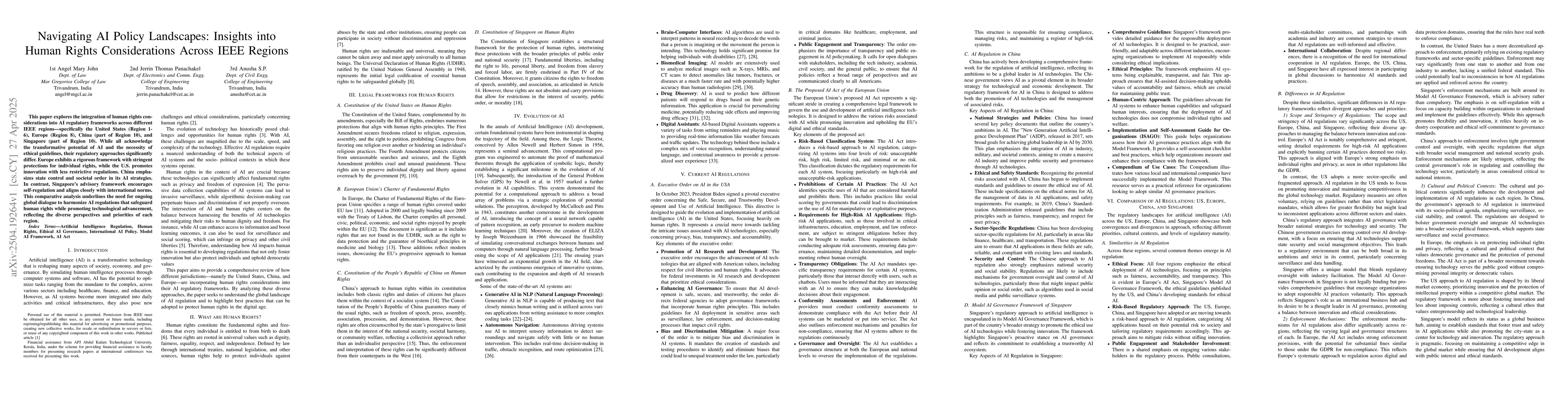 Thumbnail for Navigating AI Policy Landscapes: Insights into Human Rights
  Considerations Across IEEE Regions