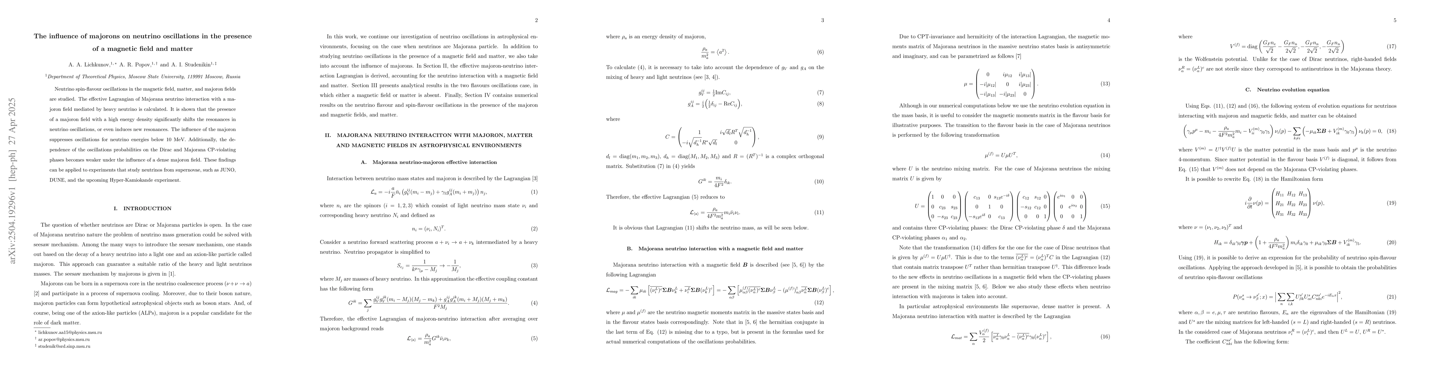 Thumbnail for The influence of majorons on neutrino oscillations in the presence of a
  magnetic field and matter