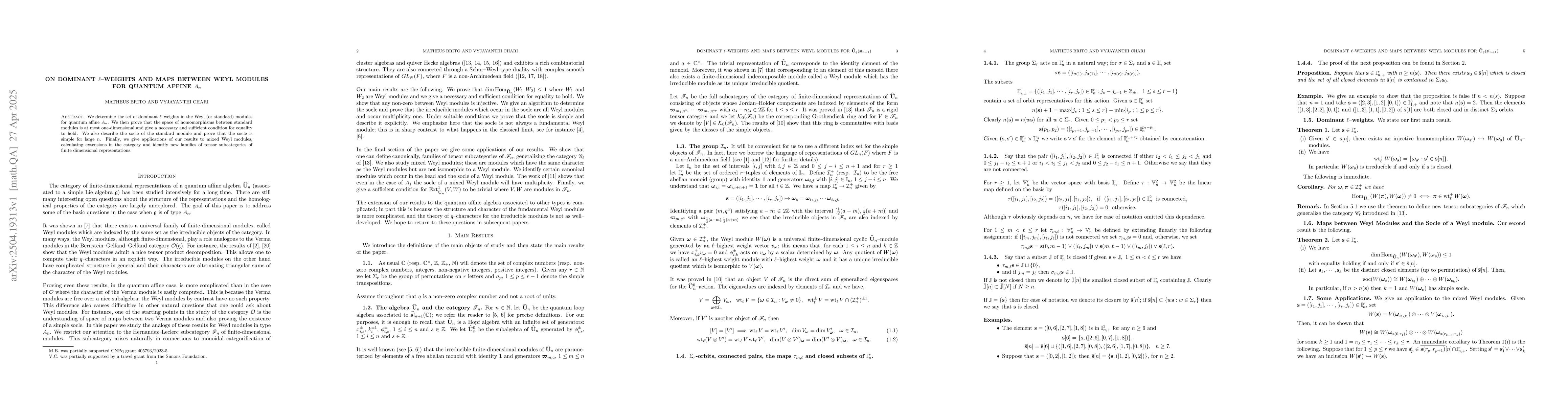 Thumbnail for On dominant $\ell$--weights and maps between Weyl modules for quantum
  affine $A_n$