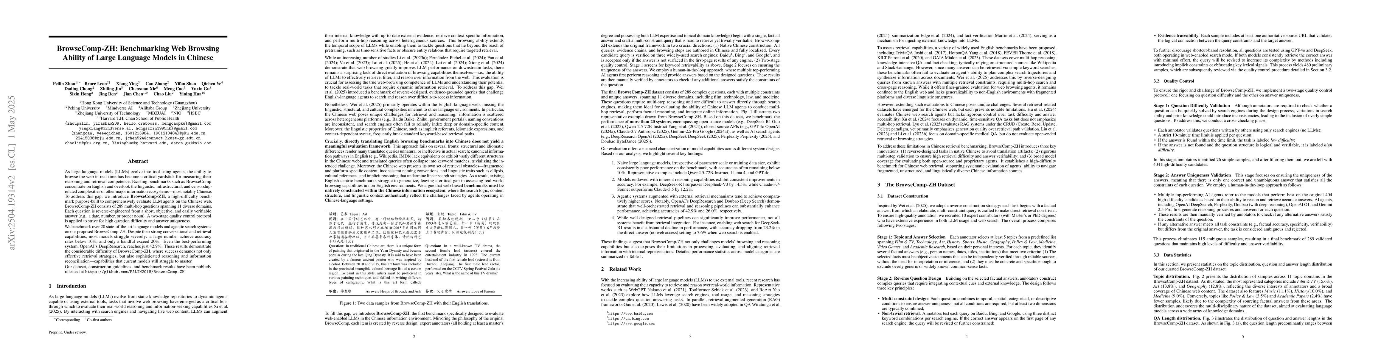 Thumbnail for BrowseComp-ZH: Benchmarking Web Browsing Ability of Large Language
  Models in Chinese