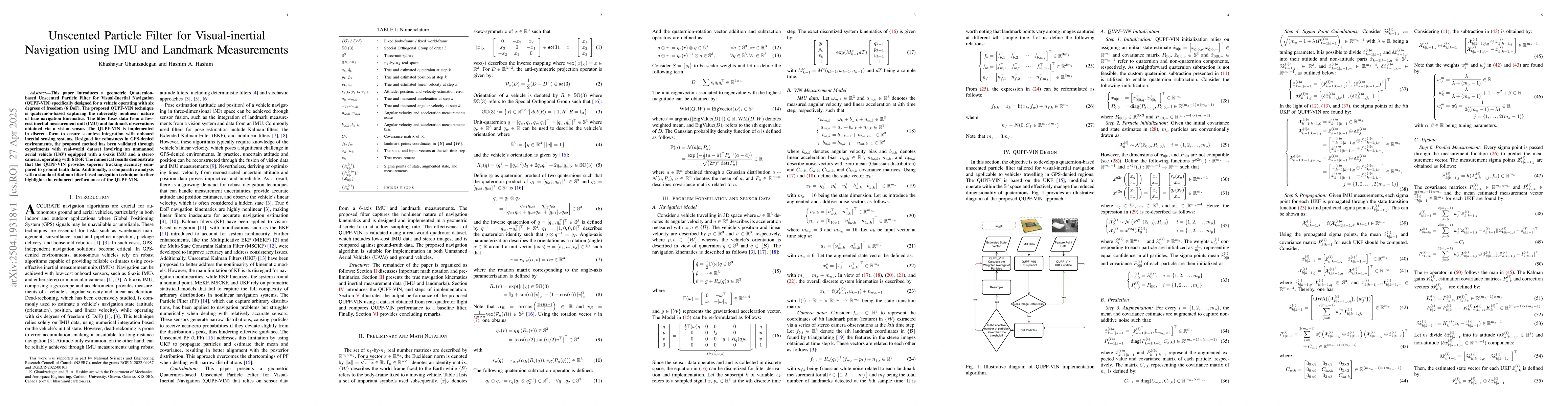 Thumbnail for Unscented Particle Filter for Visual-inertial Navigation using IMU and
  Landmark Measurements