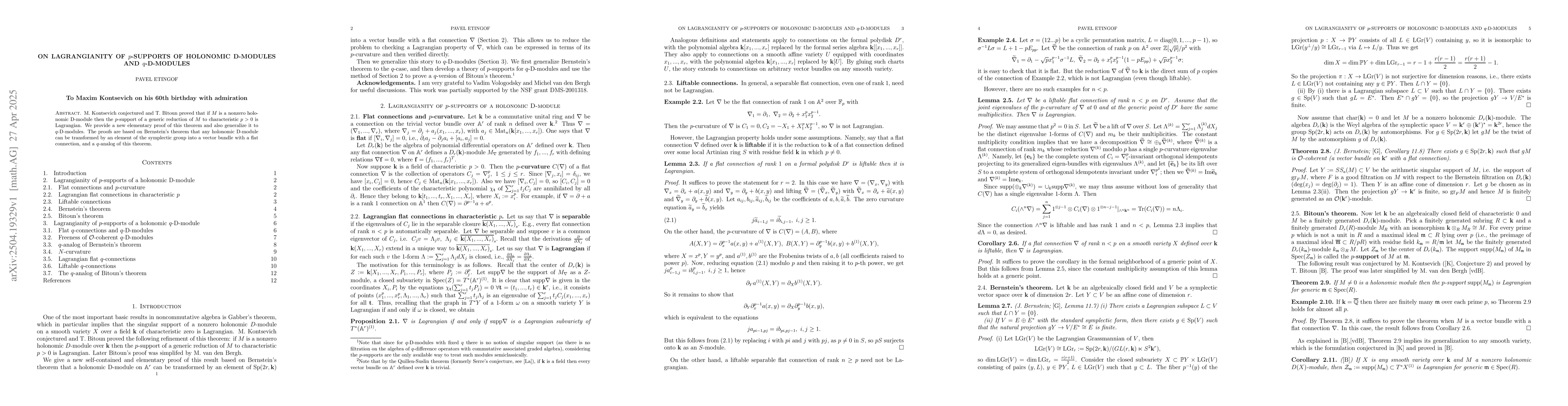 Thumbnail for On Lagrangianity of $p$-supports of holonomic D-modules and
  $q$-D-modules