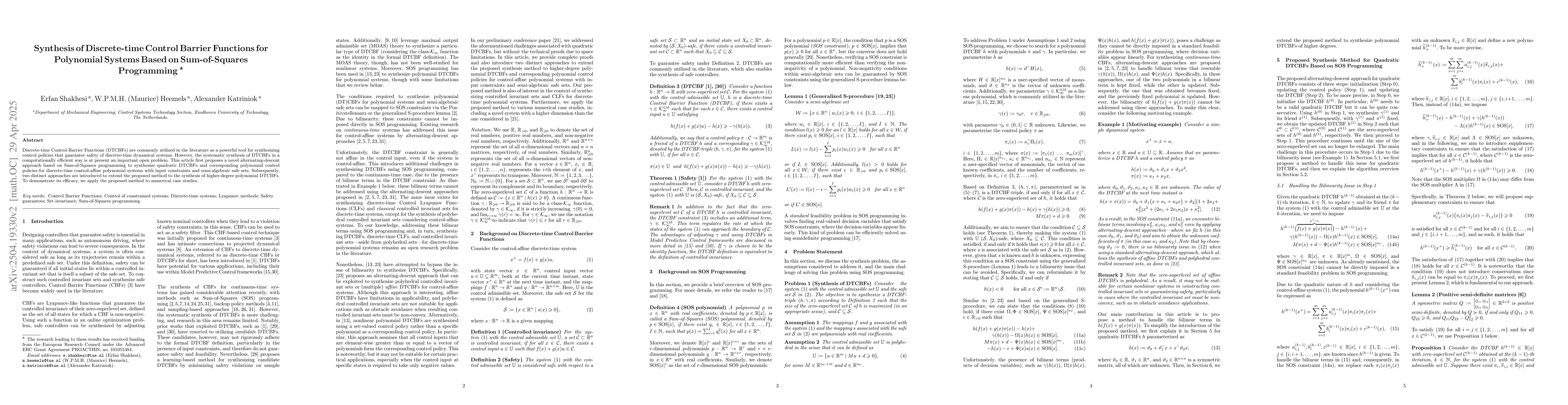 Thumbnail for Synthesis of Discrete-time Control Barrier Functions for Polynomial
  Systems Based on Sum-of-Squares Programming