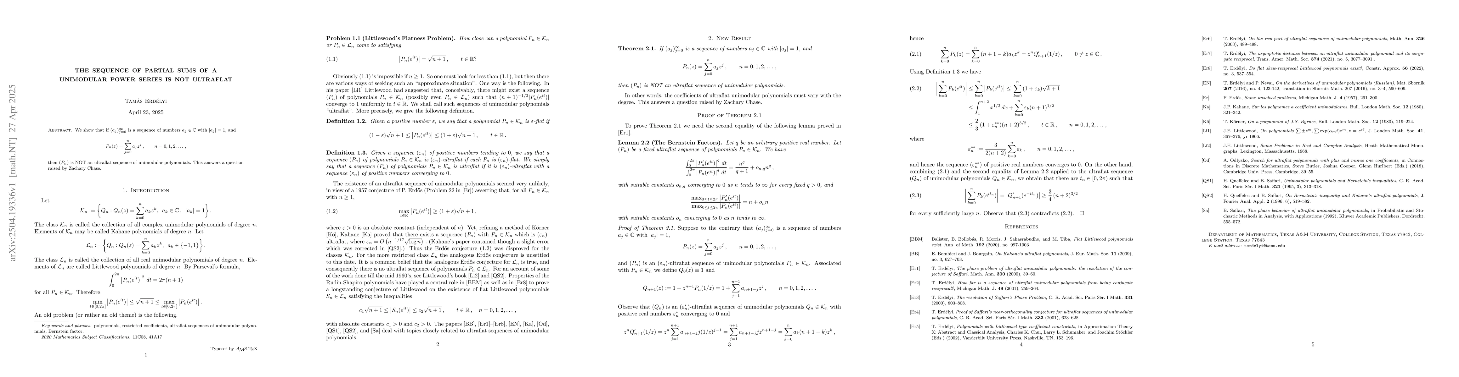 Thumbnail for The sequence of partial sums of a unimodular power series is not
  ultraflat