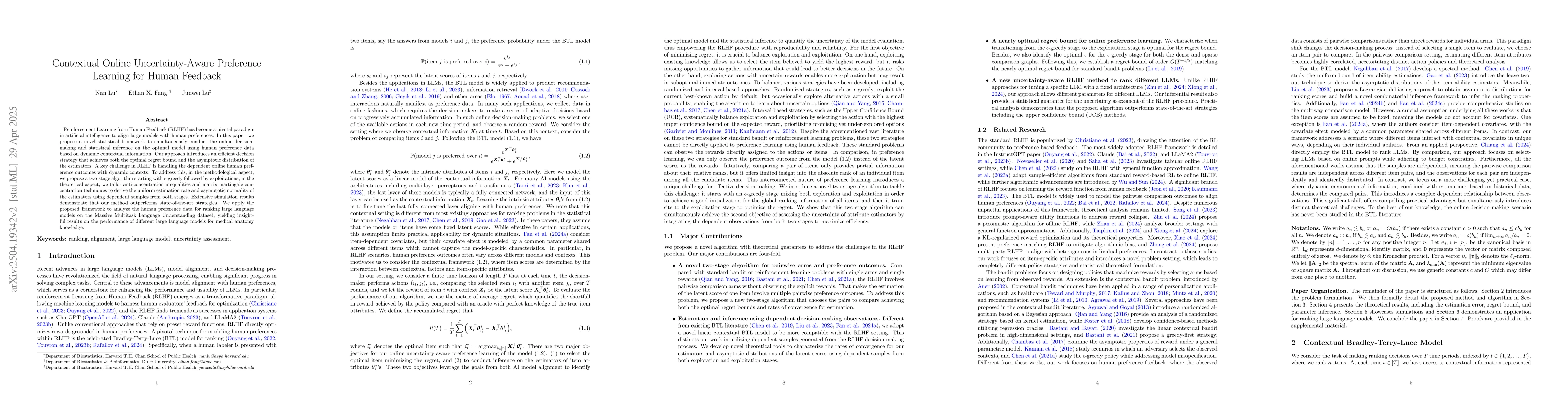 Thumbnail for Contextual Online Uncertainty-Aware Preference Learning for Human
  Feedback