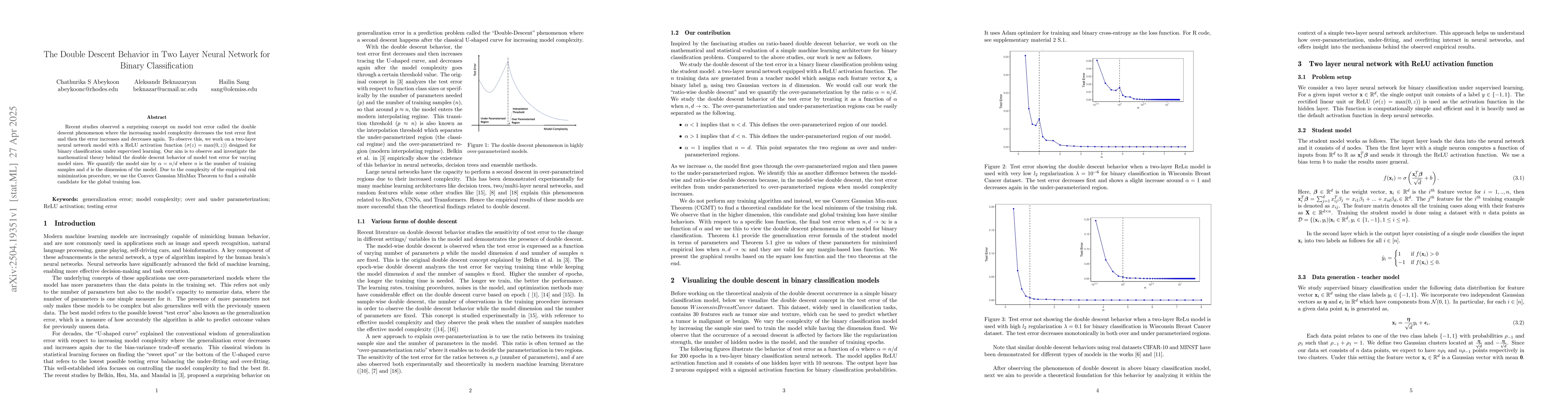 Thumbnail for The Double Descent Behavior in Two Layer Neural Network for Binary
  Classification