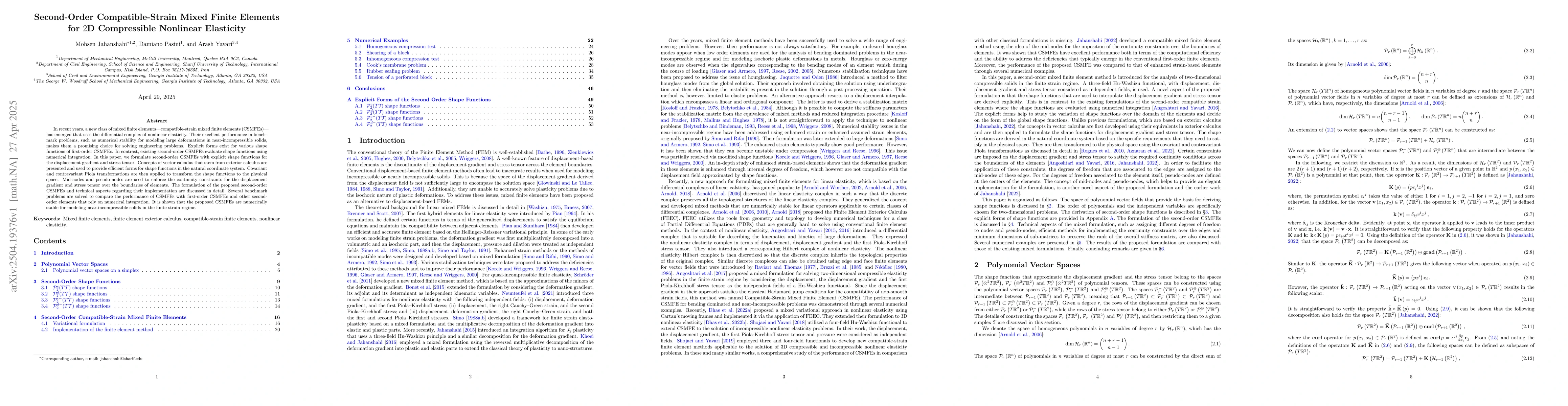 Thumbnail for Second-Order Compatible-Strain Mixed Finite Elements for 2D Compressible
  Nonlinear Elasticity