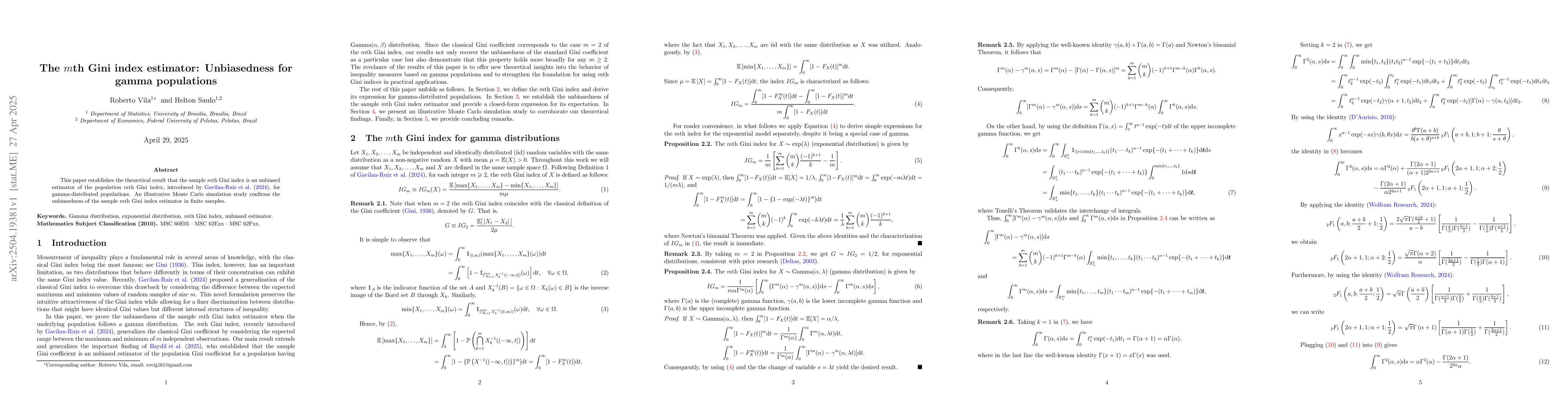 Thumbnail for The $m$th Gini index estimator: Unbiasedness for gamma populations