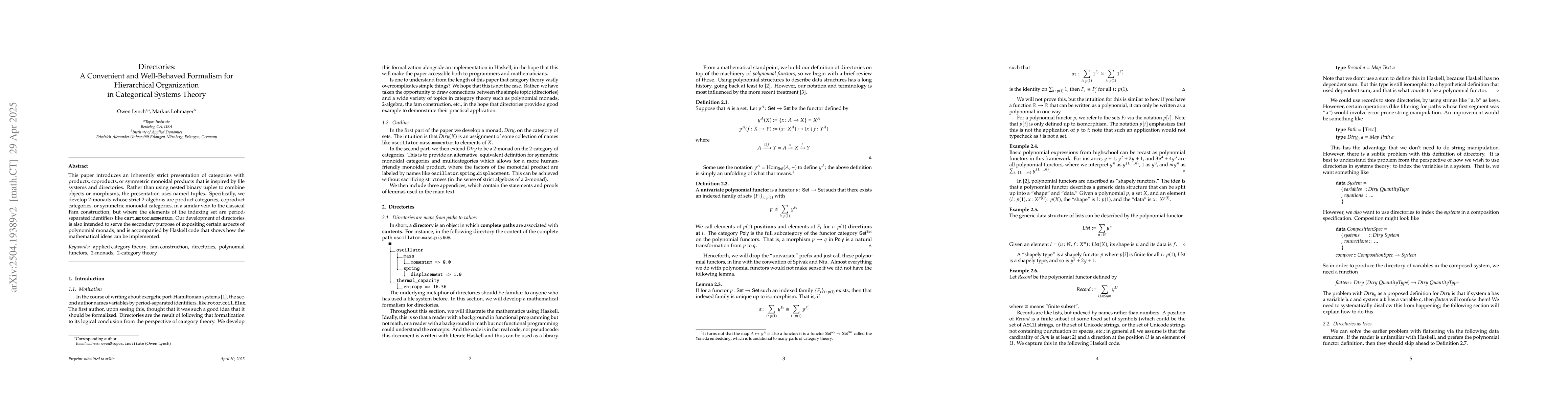 Thumbnail for Directories: A Convenient and Well-Behaved Formalism for Hierarchical
  Organization in Categorical Systems Theory
