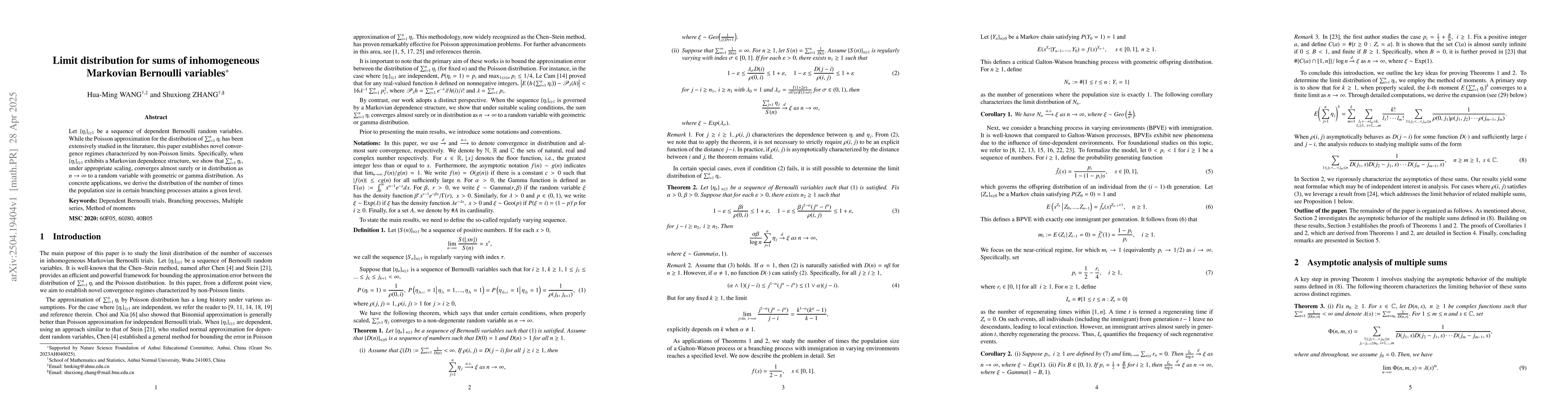 Thumbnail for Limit distribution for sums of inhomogeneous Markovian Bernoulli
  variables