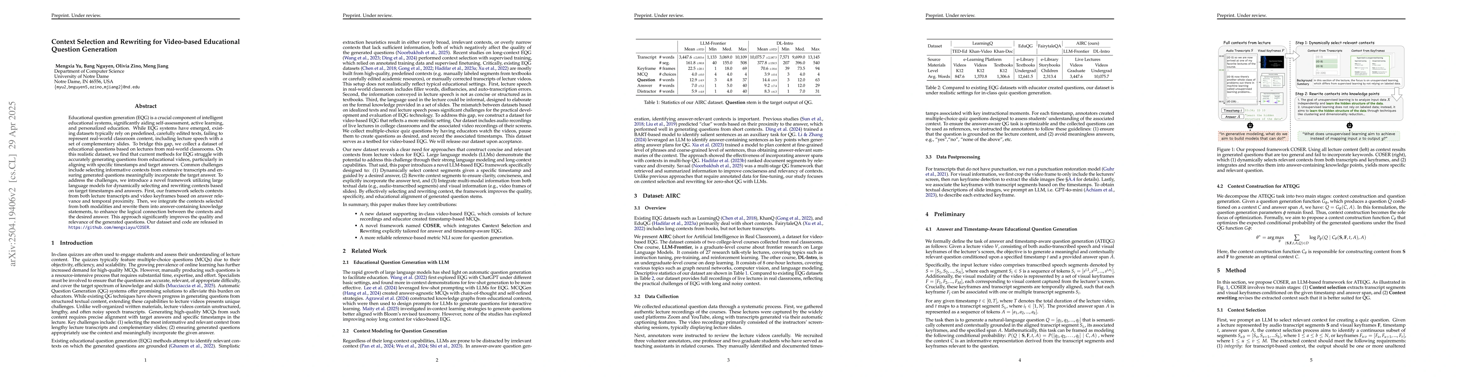 Thumbnail for Context Selection and Rewriting for Video-based Educational Question
  Generation