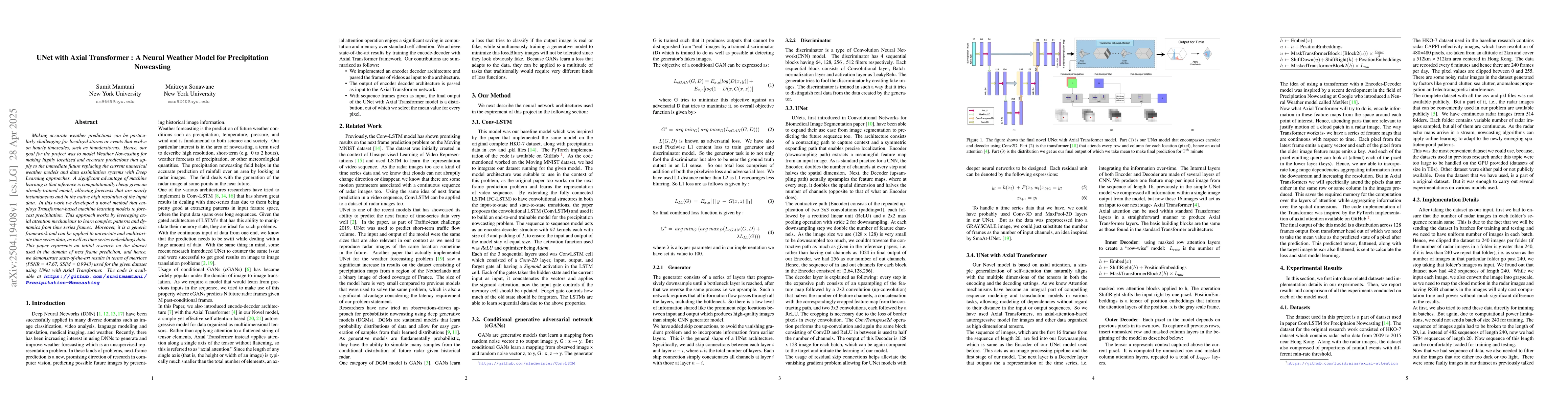 Thumbnail for UNet with Axial Transformer : A Neural Weather Model for Precipitation
  Nowcasting