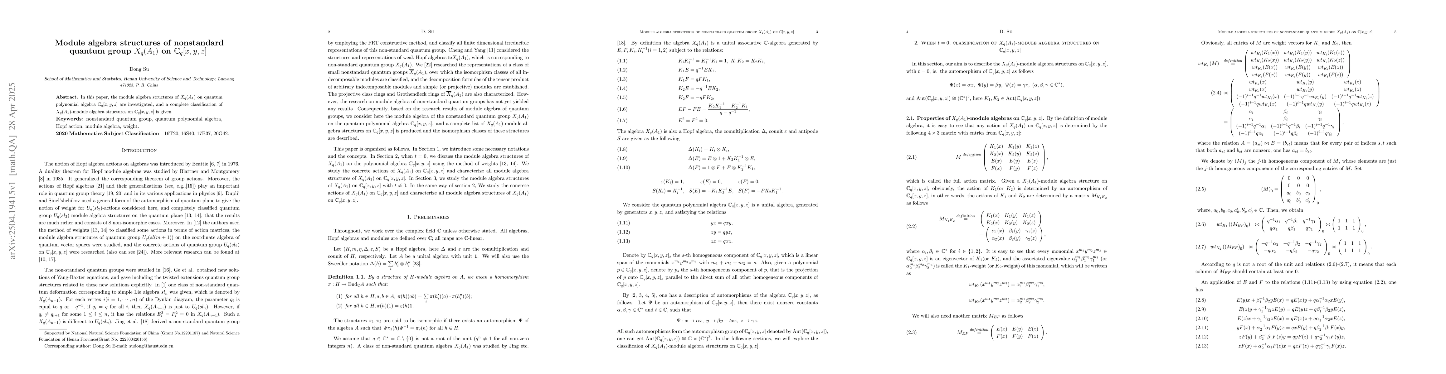 Thumbnail for Module algebra structures of nonstandard quantum group $X_{q}(A_{1})$ on
  $\C_{q}[x,y,z]$