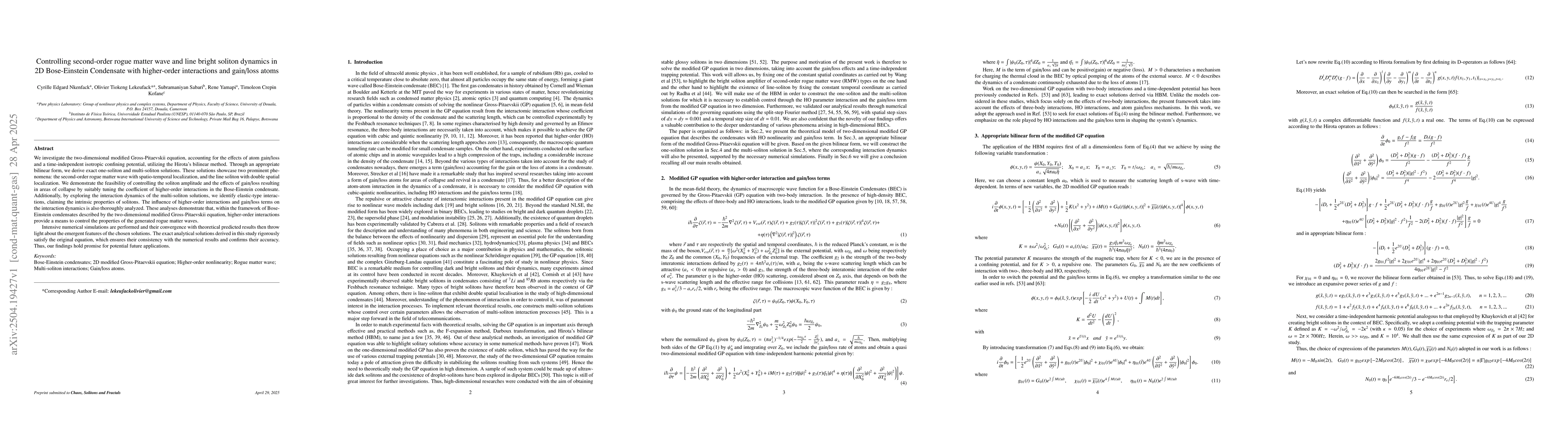 Thumbnail for Controlling second-order rogue matter wave and line bright soliton
  dynamics in 2D Bose-Einstein Condensate with higher-order interactions and
  gain/loss atoms