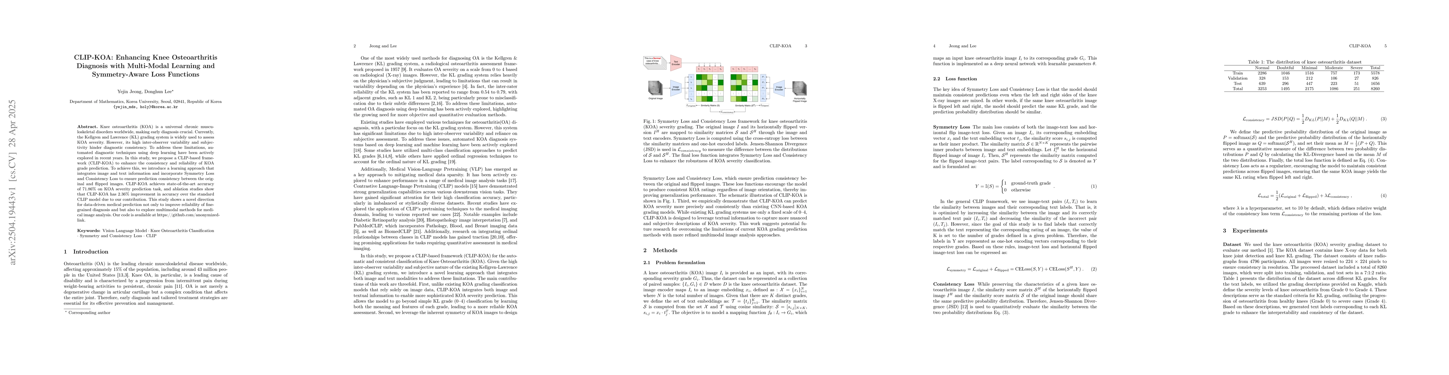 Thumbnail for CLIP-KOA: Enhancing Knee Osteoarthritis Diagnosis with Multi-Modal
  Learning and Symmetry-Aware Loss Functions