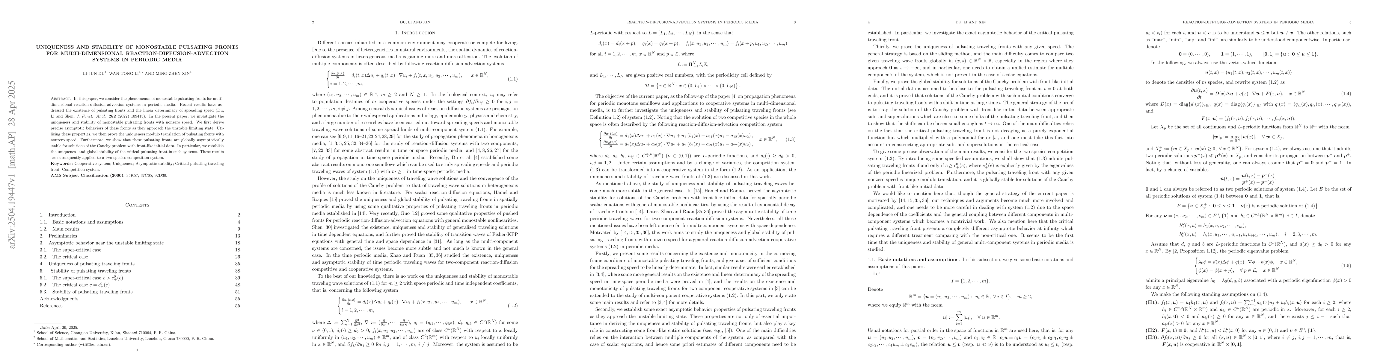 Thumbnail for Uniqueness and stability of monostable pulsating fronts for
  multi-dimensional reaction-diffusion-advection systems in periodic media