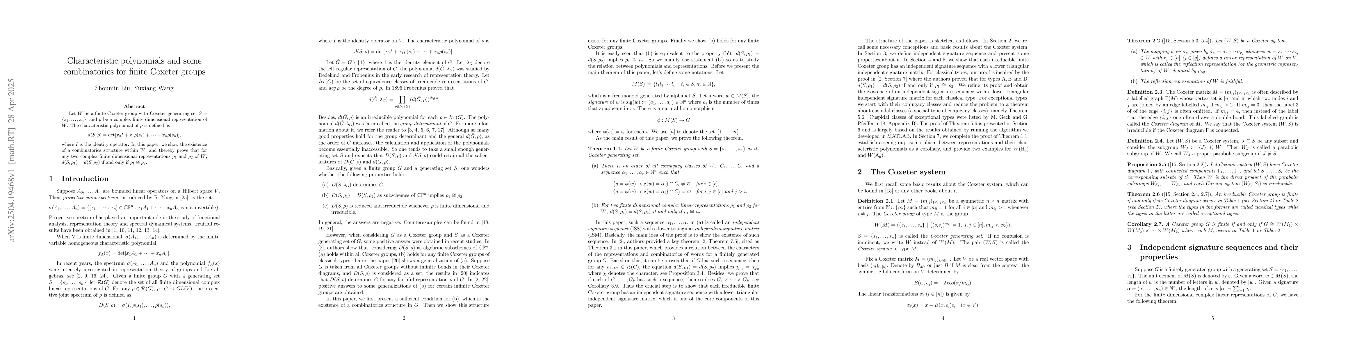 Thumbnail for Characteristic polynomials and some combinatorics for finite Coxeter
  groups
