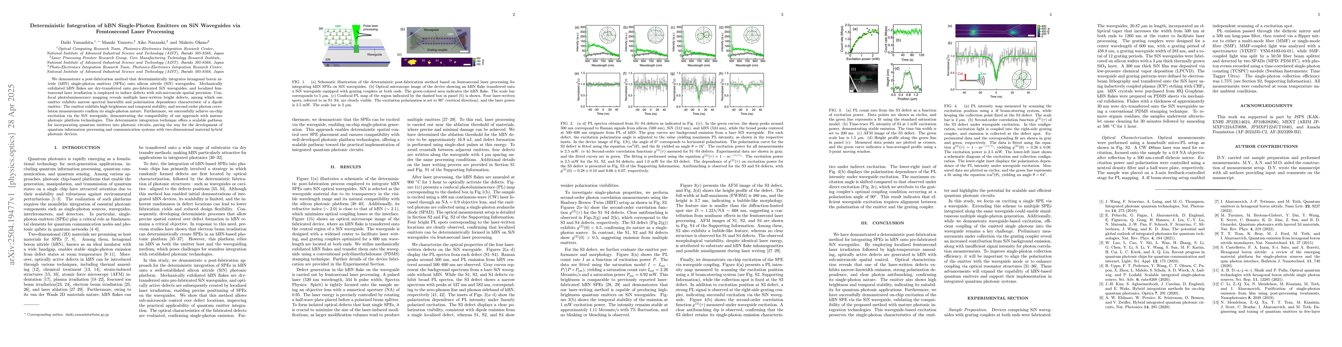 Thumbnail for Deterministic Integration of hBN Single-Photon Emitters on SiN
  Waveguides via Femtosecond Laser Processing