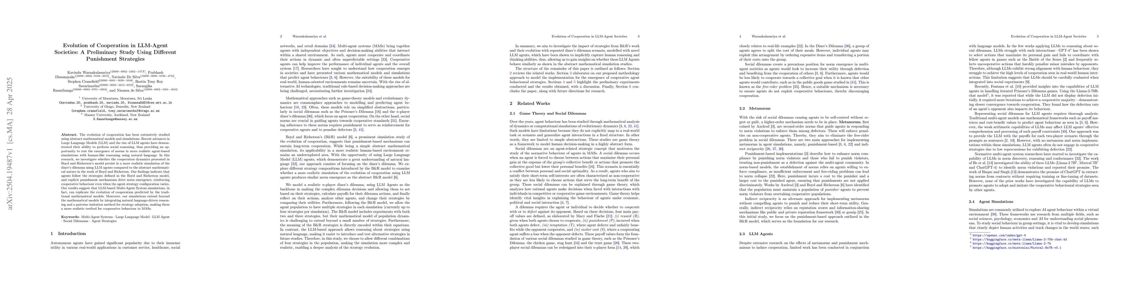 Thumbnail for Evolution of Cooperation in LLM-Agent Societies: A Preliminary Study
  Using Different Punishment Strategies