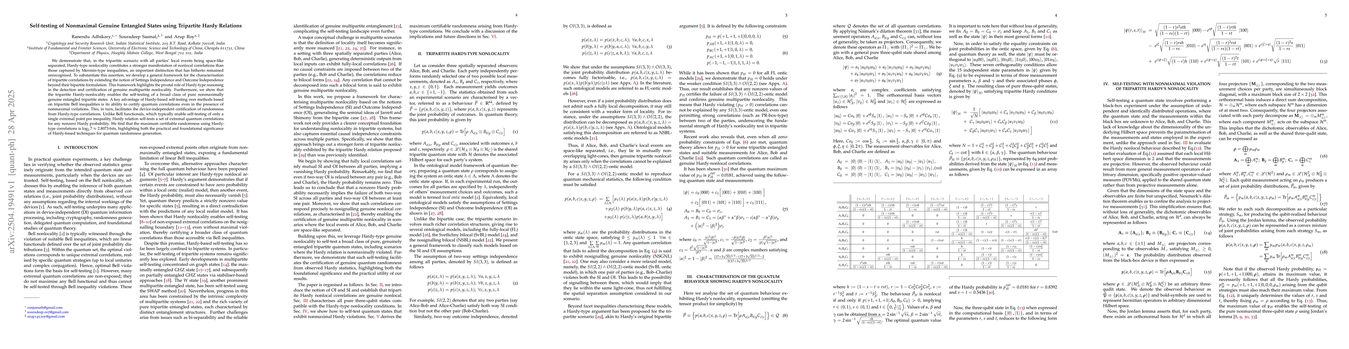 Thumbnail for Self-testing of Nonmaximal Genuine Entangled States using Tripartite
  Hardy Relations