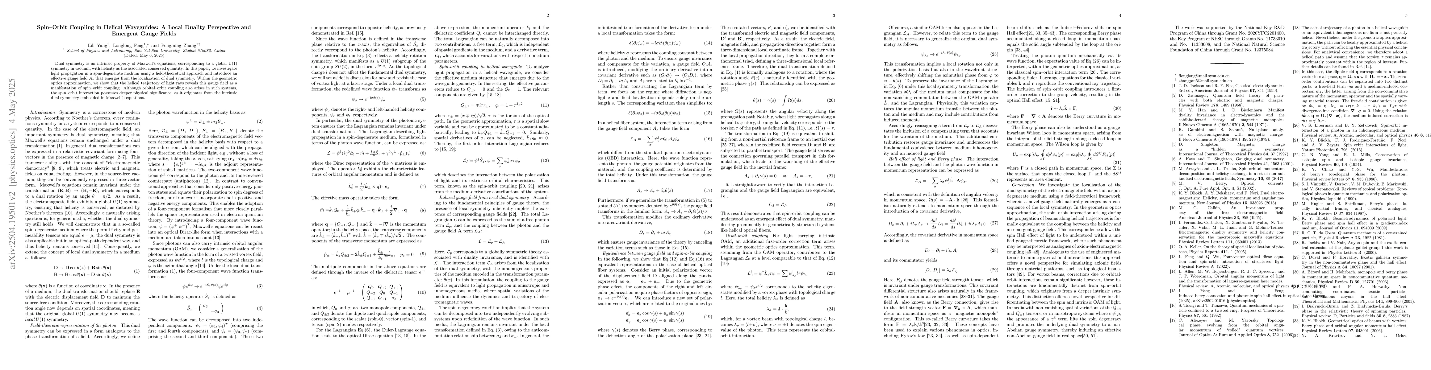 Thumbnail for Spin-Orbit Coupling in Helical Waveguides: A Local Duality Perspective
  and Emergent Gauge Fields