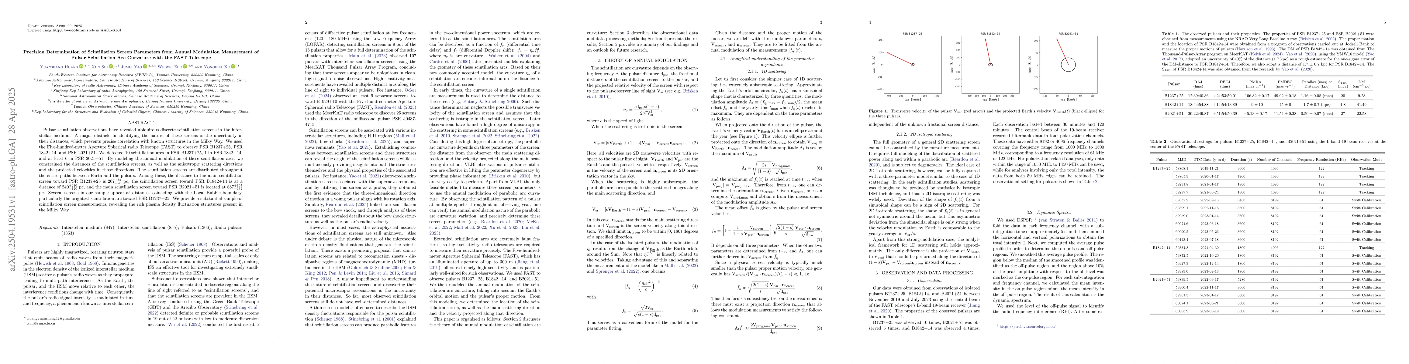 Thumbnail for Precision Determination of Scintillation Screen Parameters from Annual
  Modulation Measurement of Pulsar Scintillation Arc Curvature with the FAST
  Telescope