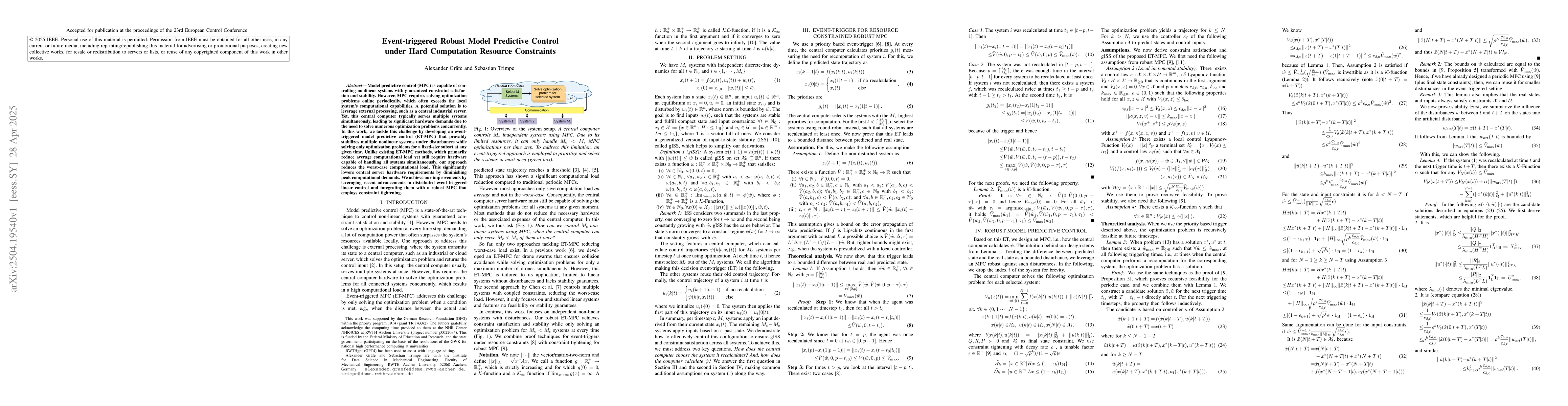 Thumbnail for Event-triggered Robust Model Predictive Control under Hard Computation
  Resource Constraints