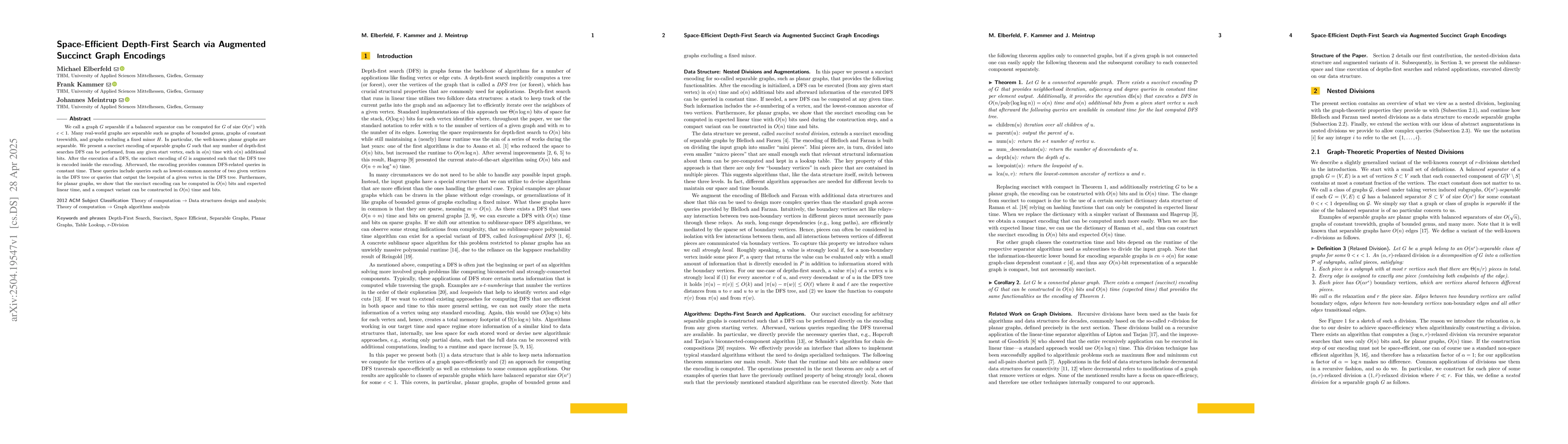 Thumbnail for Space-Efficient Depth-First Search via Augmented Succinct Graph
  Encodings