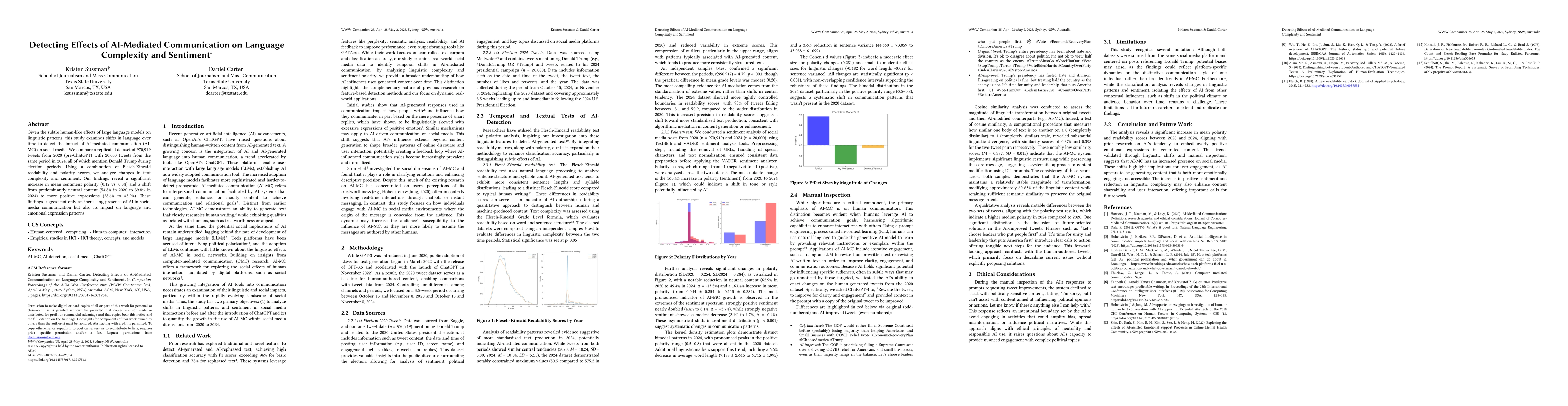 Thumbnail for Detecting Effects of AI-Mediated Communication on Language Complexity
  and Sentiment