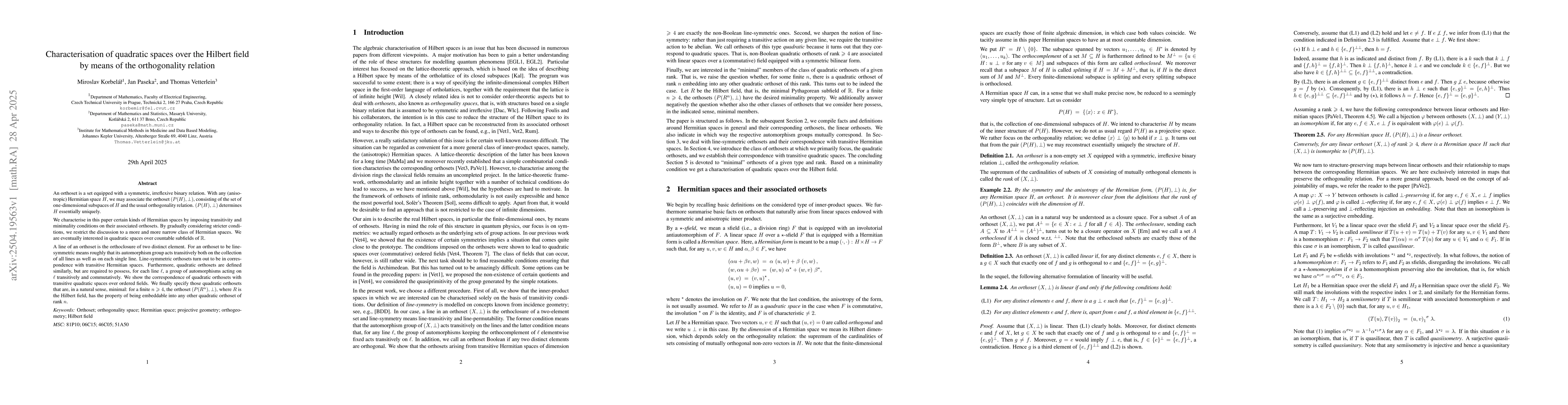 Thumbnail for Characterisation of quadratic spaces over the Hilbert field by means of
  the orthogonality relation