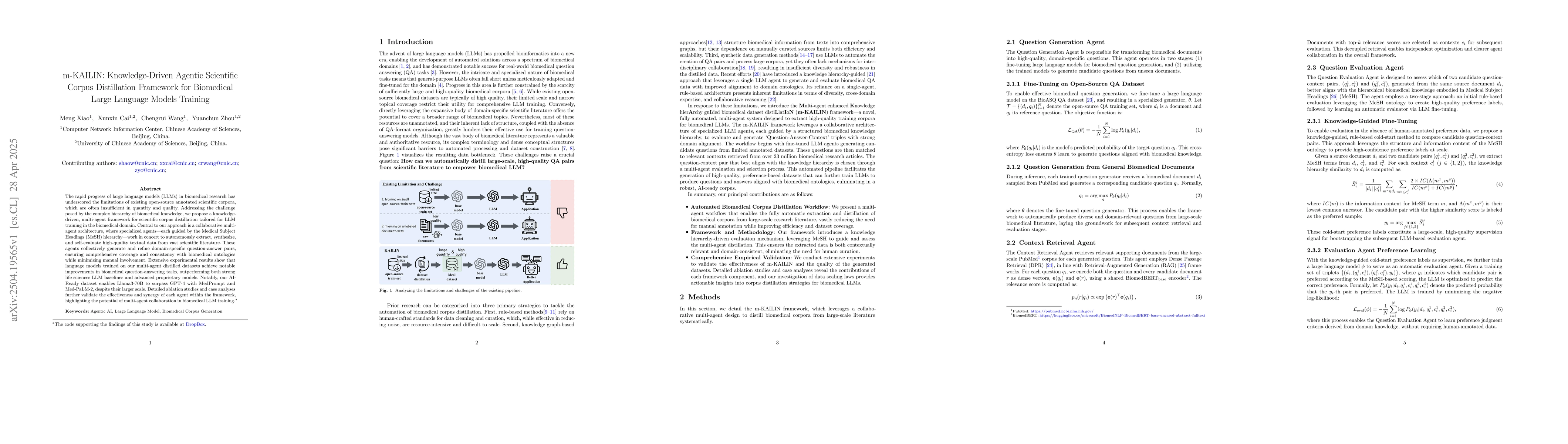 Thumbnail for m-KAILIN: Knowledge-Driven Agentic Scientific Corpus Distillation
  Framework for Biomedical Large Language Models Training