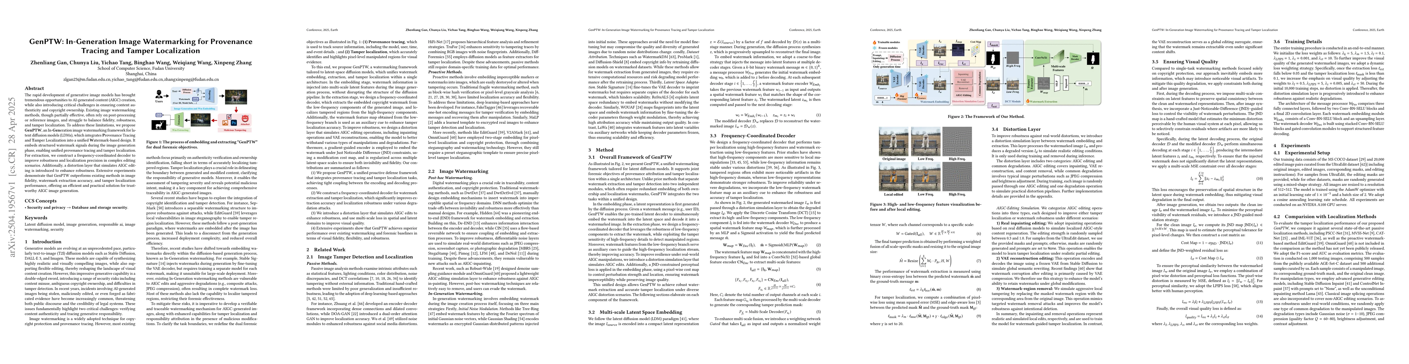 Thumbnail for GenPTW: In-Generation Image Watermarking for Provenance Tracing and
  Tamper Localization