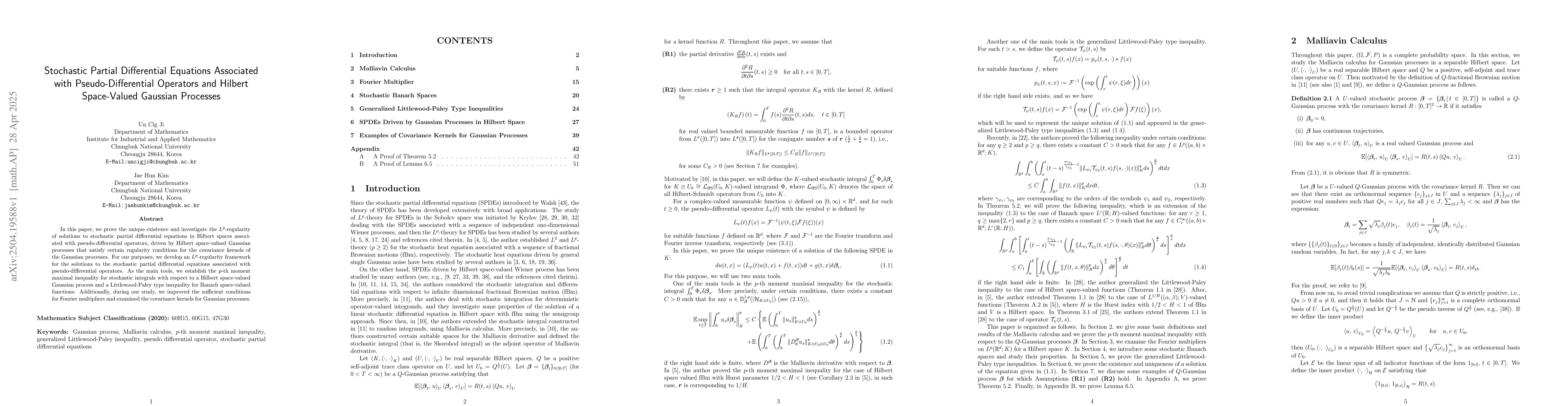 Thumbnail for Stochastic Partial Differential Equations Associated with
  Pseudo-Differential Operators and Hilbert Space-Valued Gaussian Processes