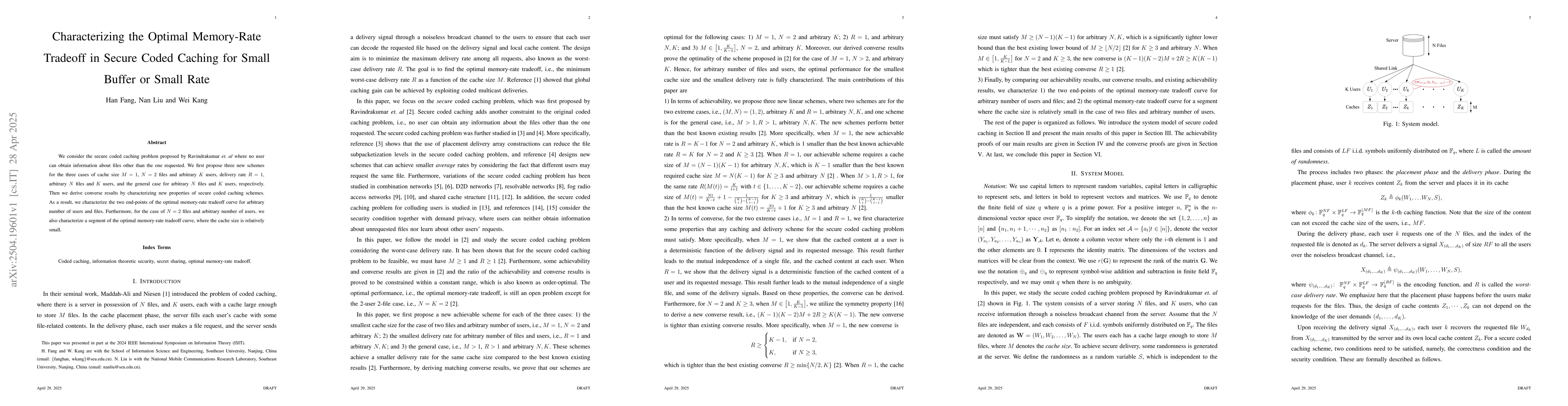 Thumbnail for Characterizing the Optimal Memory-Rate Tradeoff in Secure Coded Caching
  for Small Buffer or Small Rate
