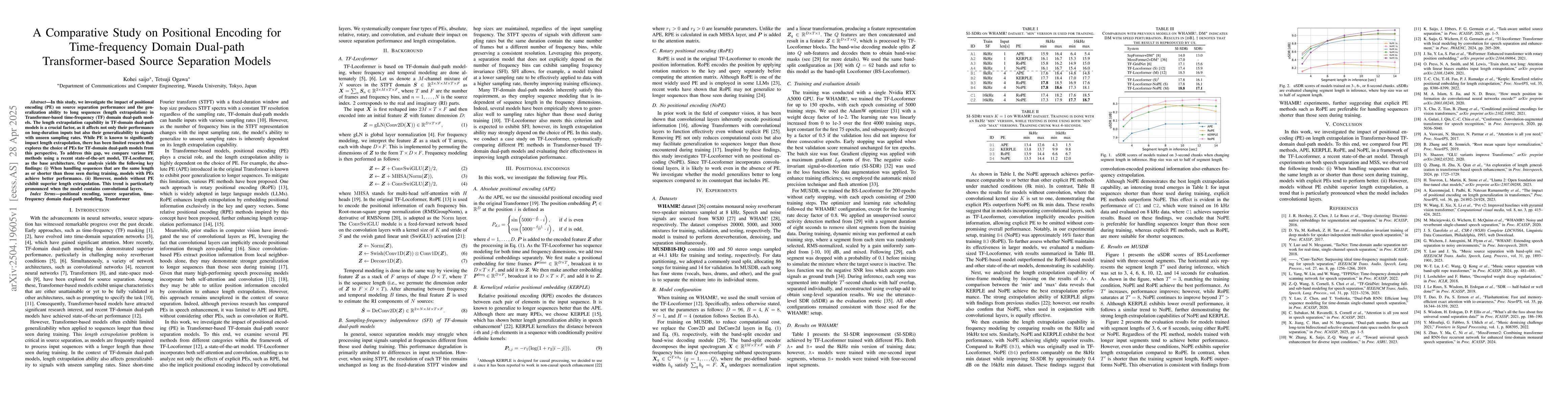 Thumbnail for A Comparative Study on Positional Encoding for Time-frequency Domain
  Dual-path Transformer-based Source Separation Models