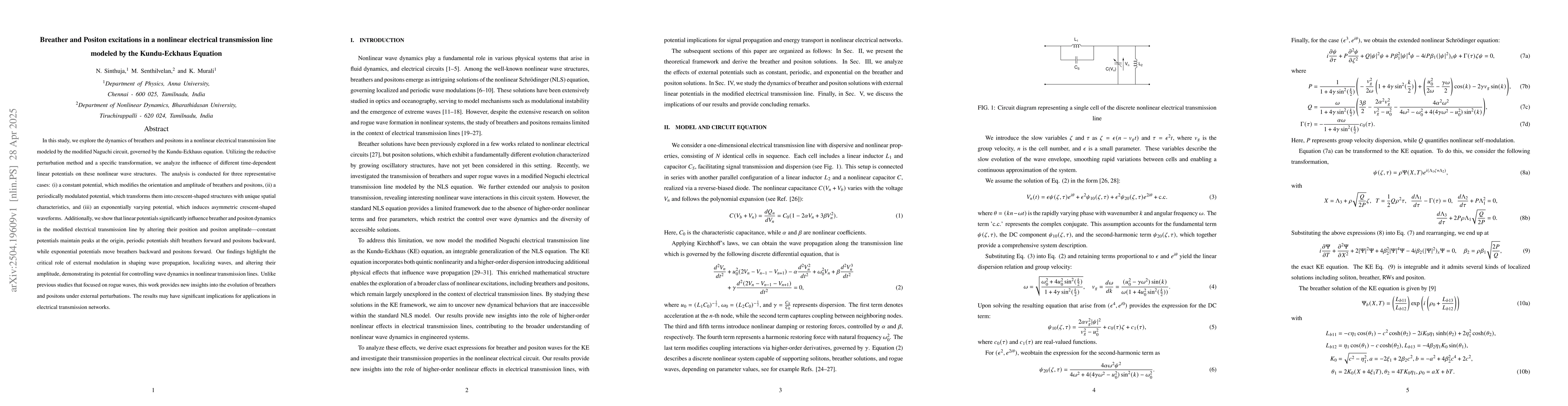 Thumbnail for Breather and Positon excitations in a nonlinear electrical transmission
  line modeled by the Kundu-Eckhaus Equation