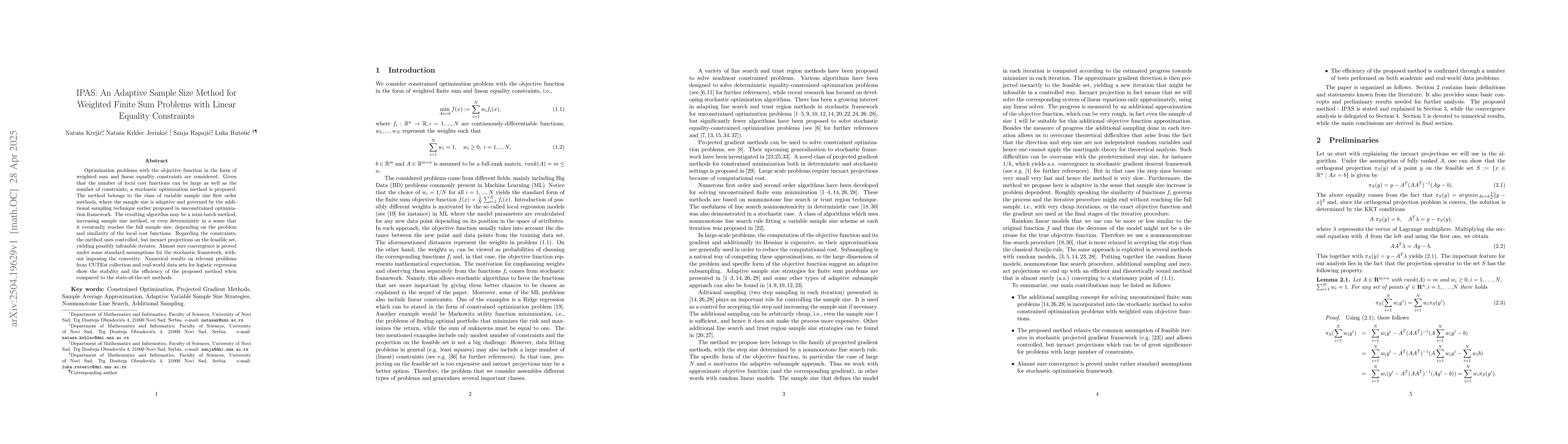 Thumbnail for IPAS: An Adaptive Sample Size Method for Weighted Finite Sum Problems
  with Linear Equality Constraints