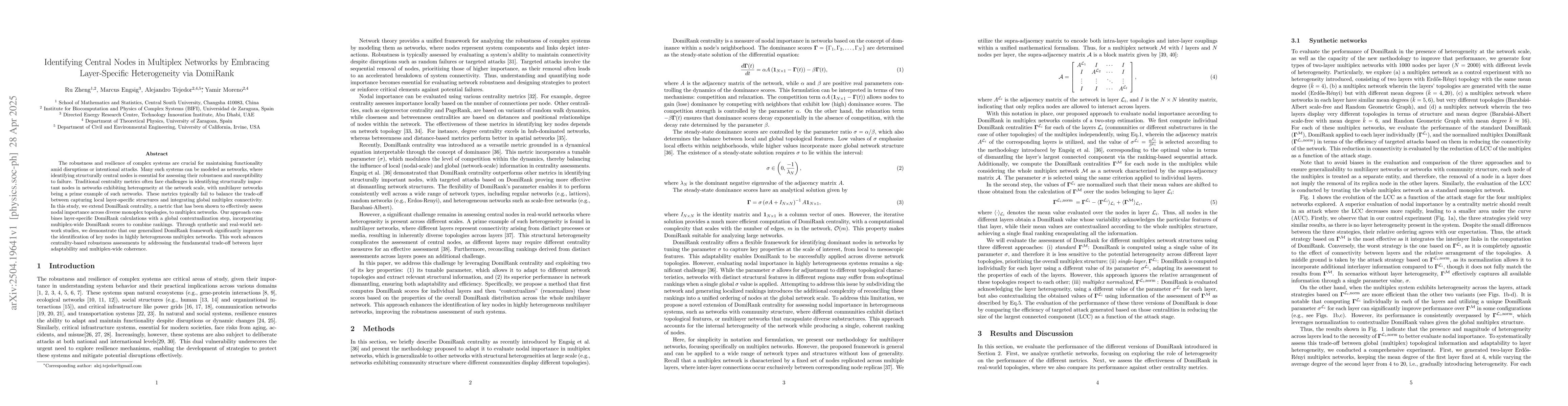 Thumbnail for Identifying Central Nodes in Multiplex Networks by Embracing
  Layer-Specific Heterogeneity via DomiRank